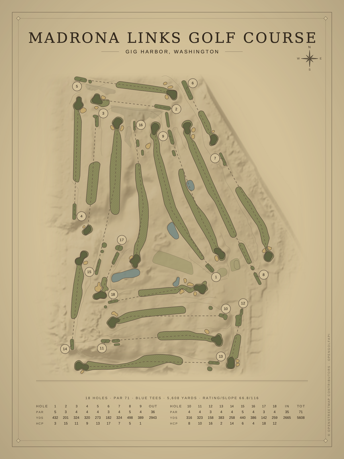 Madrona Links Golf Course map poster, Vintage style, 12×16 / 18×24