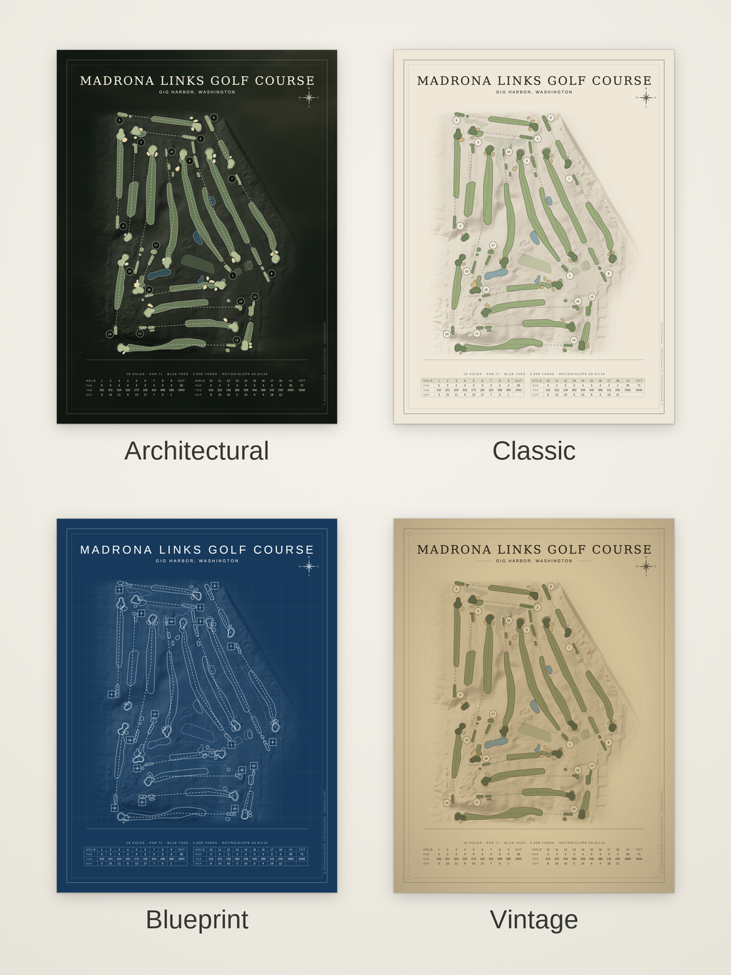 Madrona Links Golf Course map poster in four styles: Architectural, Classic, Blueprint and Vintage
