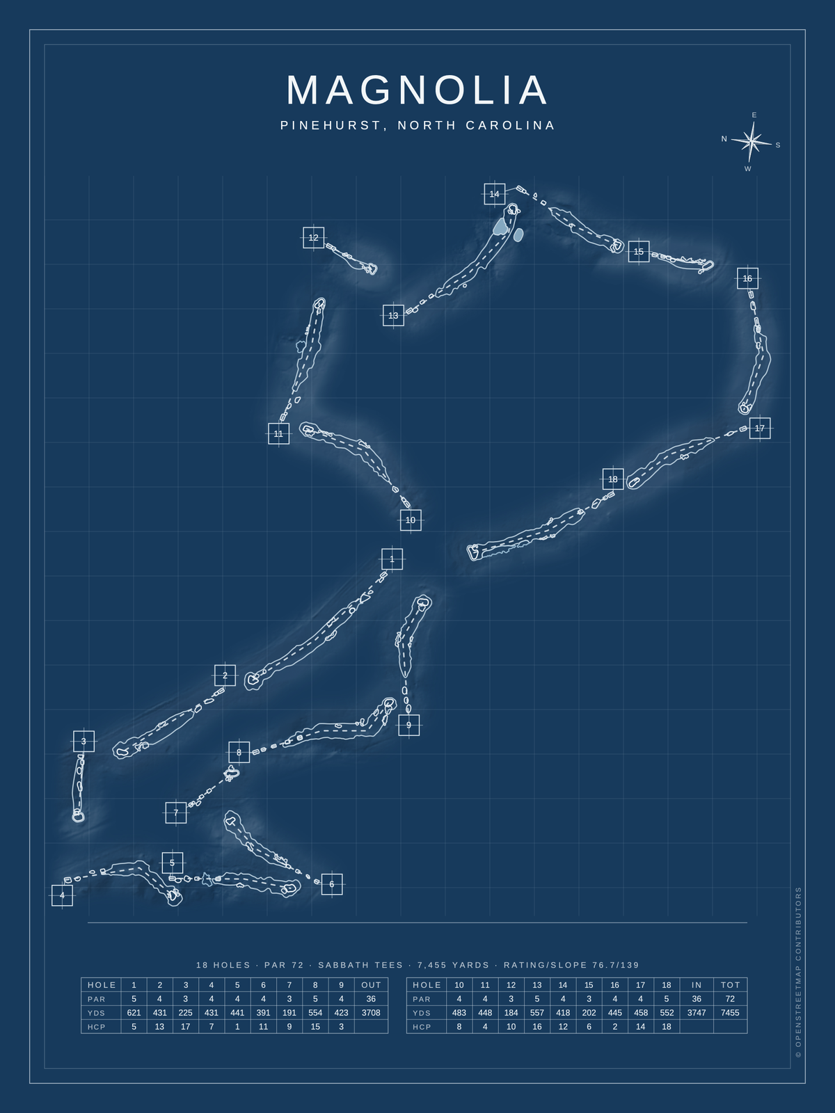 Magnolia course map poster, Blueprint style, 12×16 / 18×24