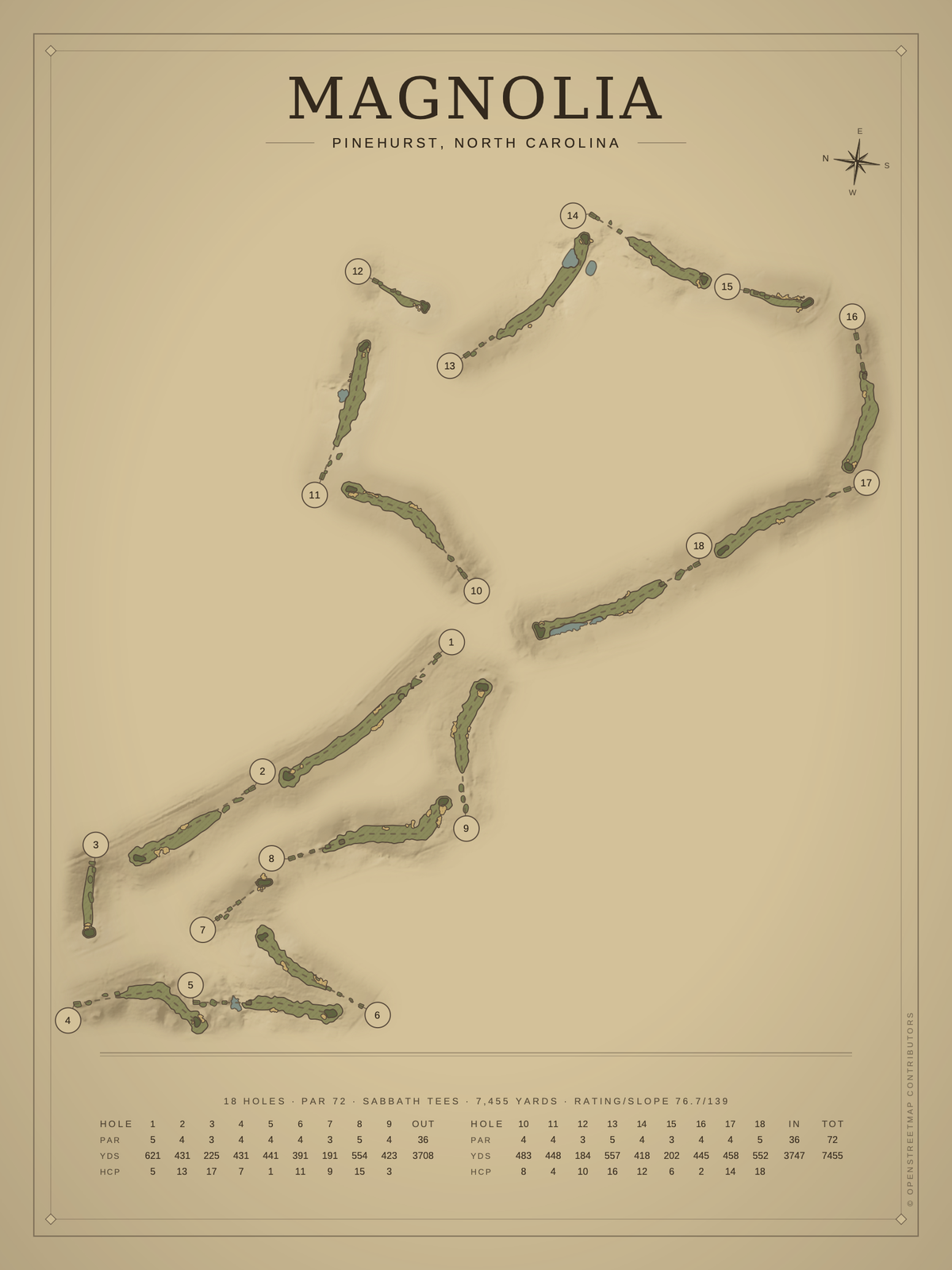 Magnolia course map poster, Vintage style, 12×16 / 18×24