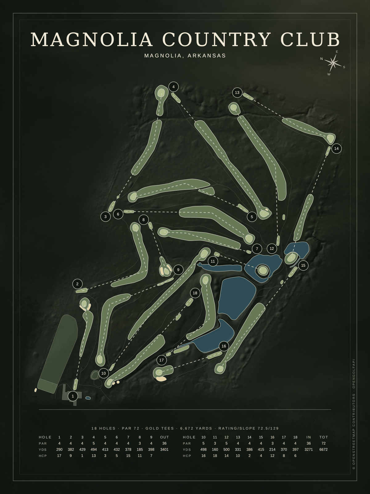 Magnolia Country Club course map poster, Architectural style, 12×16 / 18×24