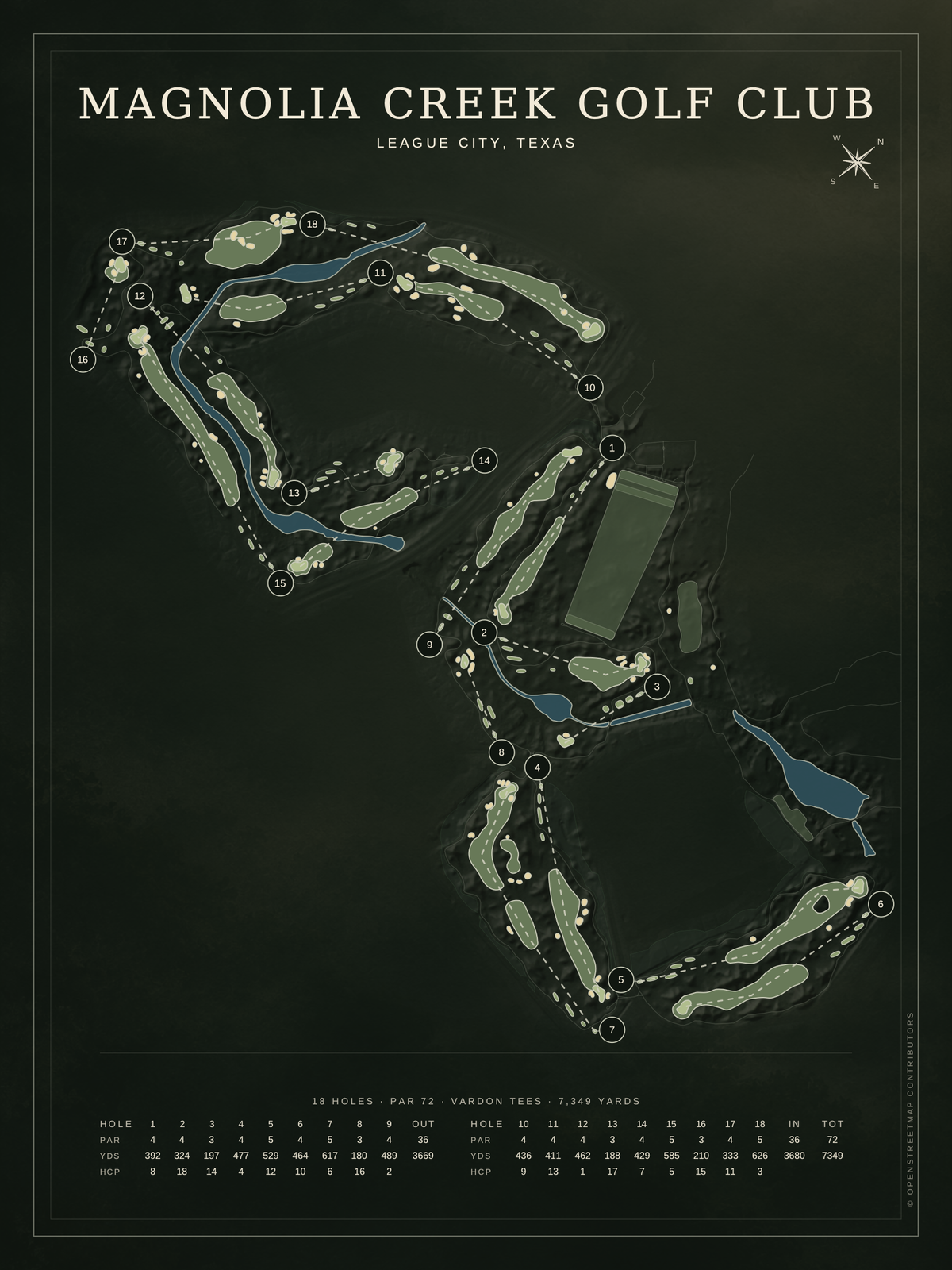 Magnolia Creek Golf Club course map poster, Architectural style, 12×16 / 18×24
