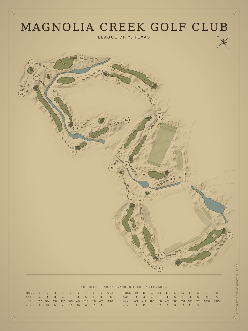 Magnolia Creek Golf Club course map poster, Vintage style, 12×16 / 18×24