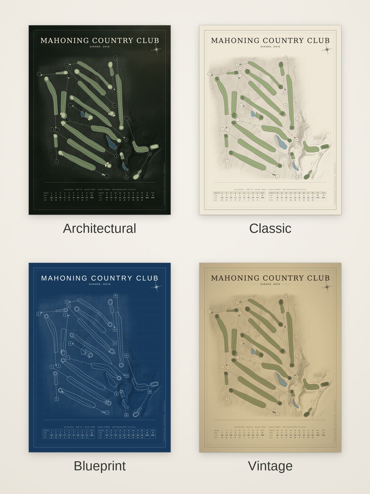 Mahoning Country Club course map poster in four styles: Architectural, Classic, Blueprint and Vintage