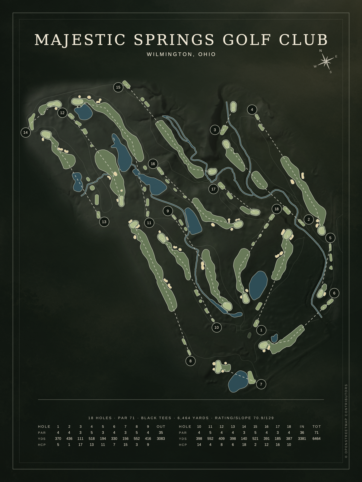 Majestic Springs Golf Club course map poster, Architectural style, 12×16 / 18×24