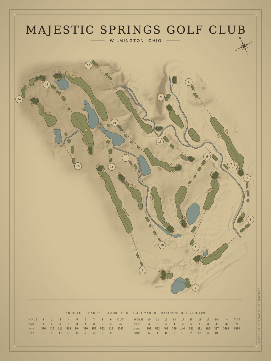 Majestic Springs Golf Club course map poster, Vintage style, 12×16 / 18×24