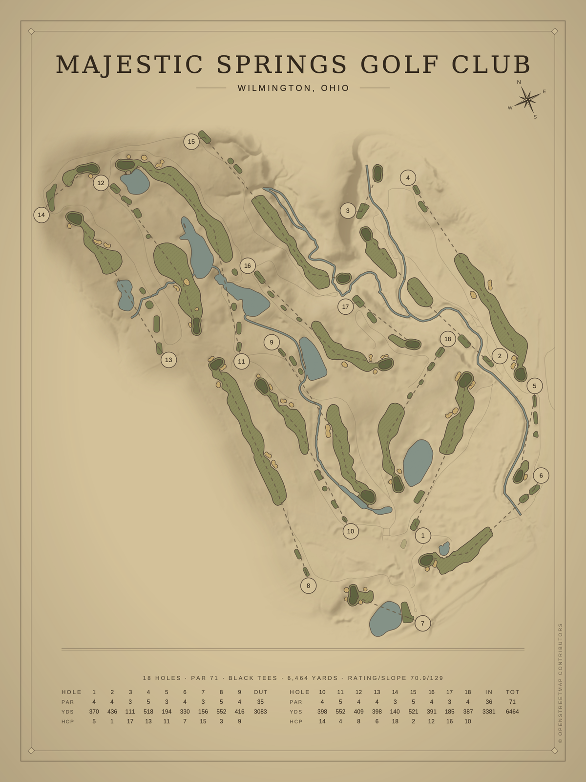 Majestic Springs Golf Club course map poster, Vintage style, 12×16 / 18×24