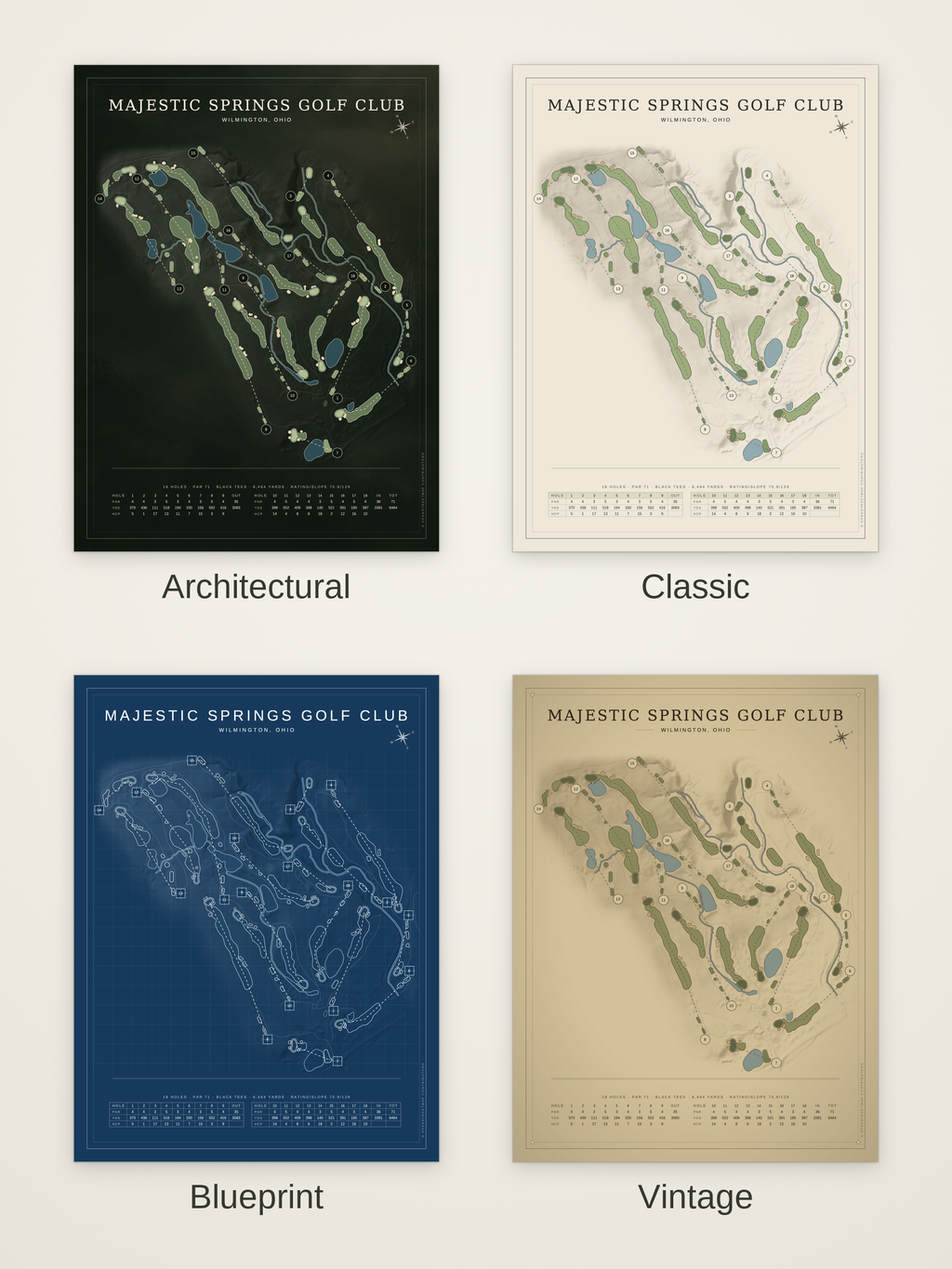 Majestic Springs Golf Club course map poster in four styles: Architectural, Classic, Blueprint and Vintage