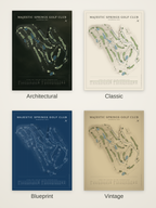 Majestic Springs Golf Club course map poster in four styles: Architectural, Classic, Blueprint and Vintage