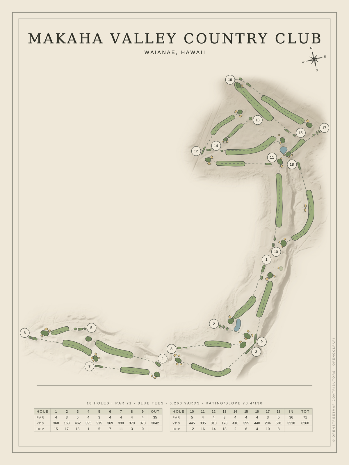 Makaha Valley Country Club course map poster, Classic style, 12×16 / 18×24