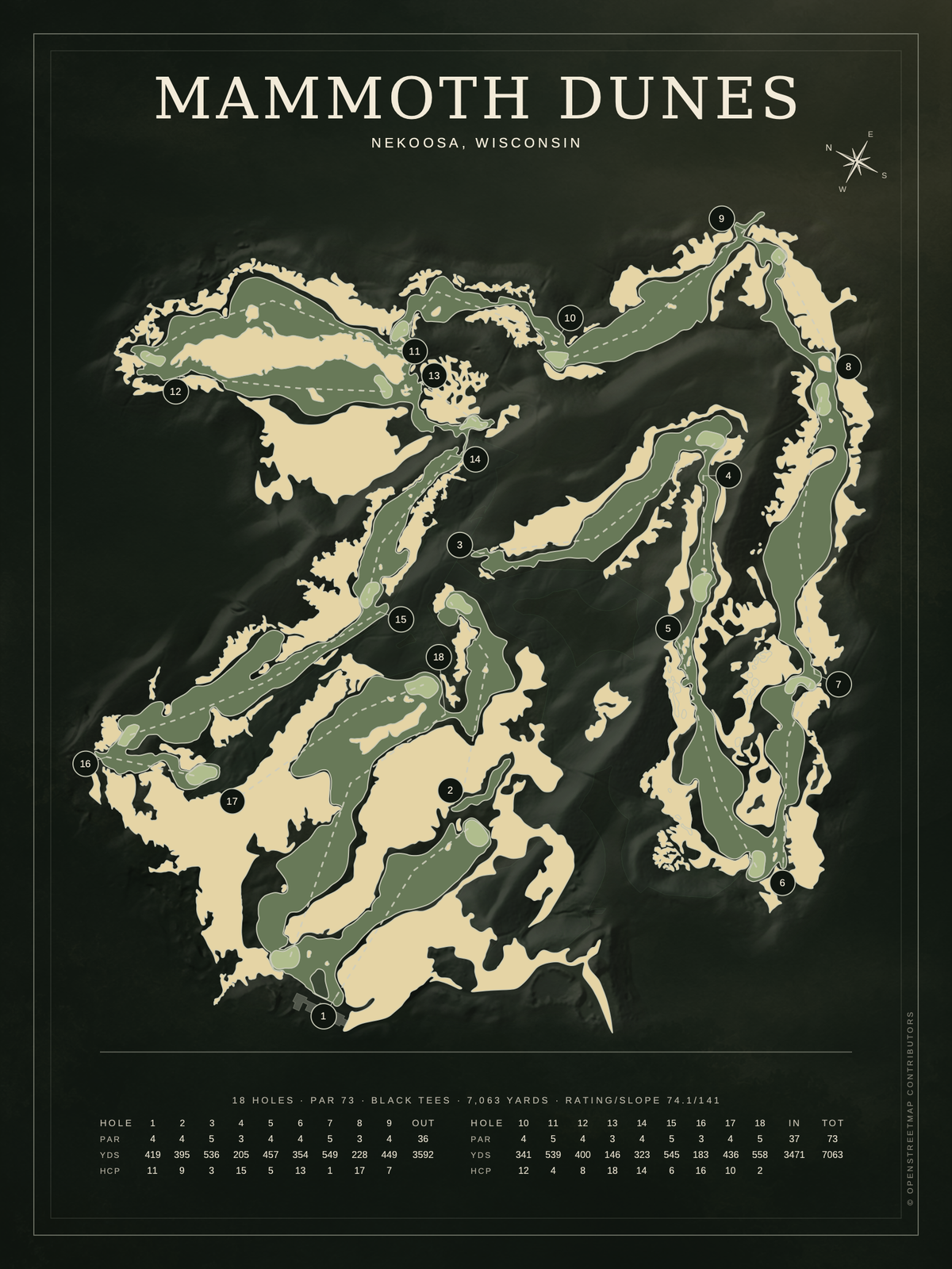 Mammoth Dunes course map poster, Architectural style, 12×16 / 18×24