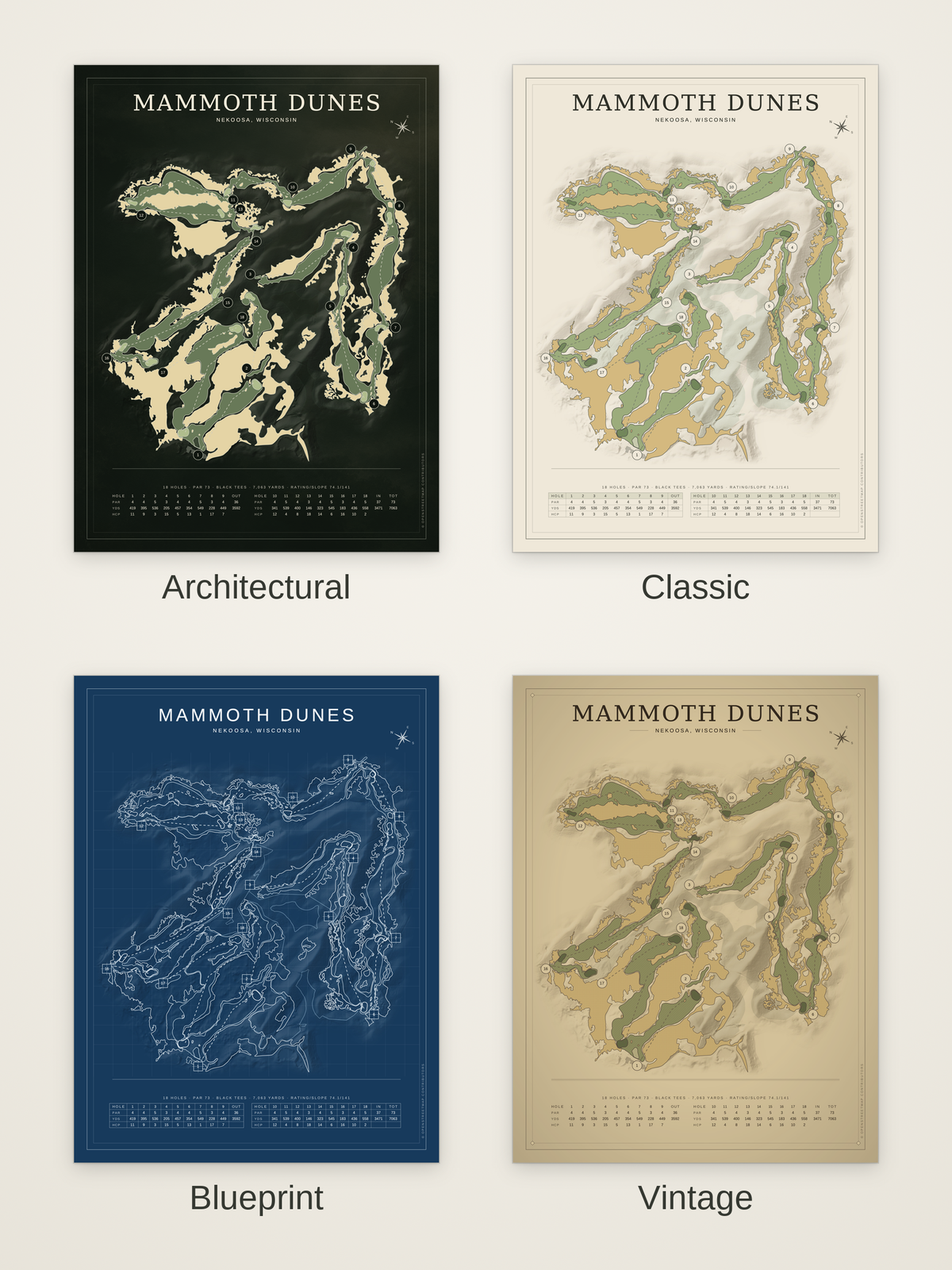 Mammoth Dunes course map poster in four styles: Architectural, Classic, Blueprint and Vintage