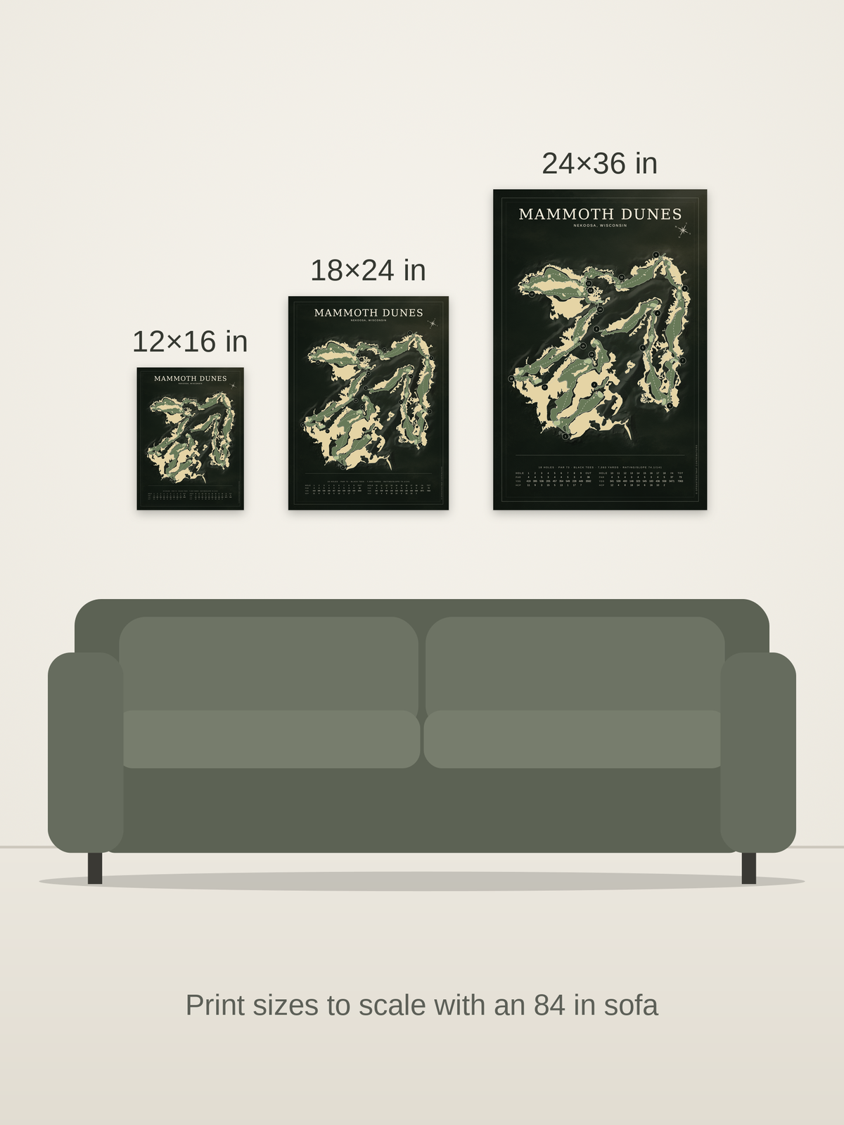 Mammoth Dunes course map poster in the Architectural style at 12×16, 18×24 and 24×36 inches, shown to scale on a wall above an 84-inch sofa