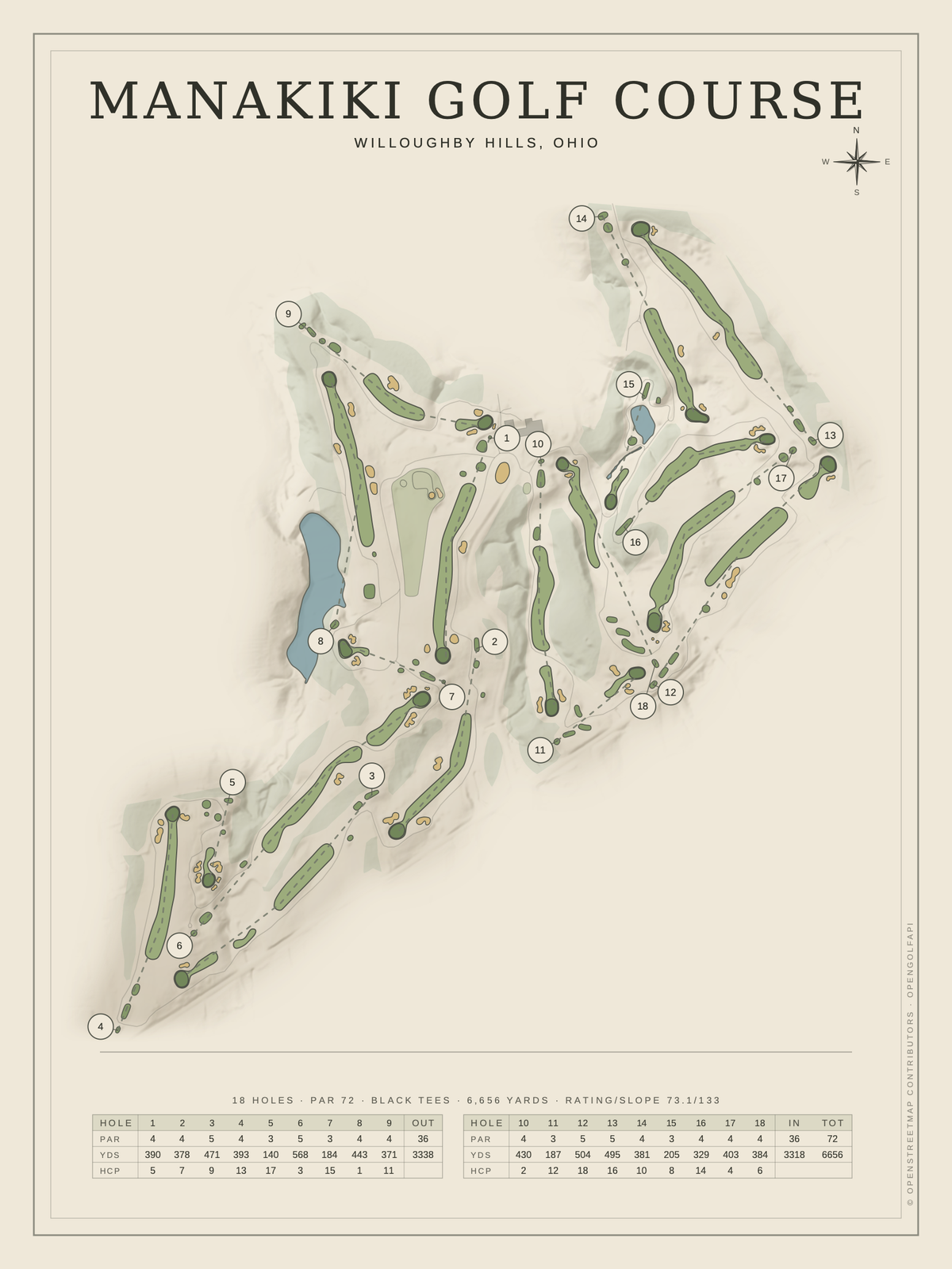 Manakiki Golf Course map poster, Classic style, 12×16 / 18×24