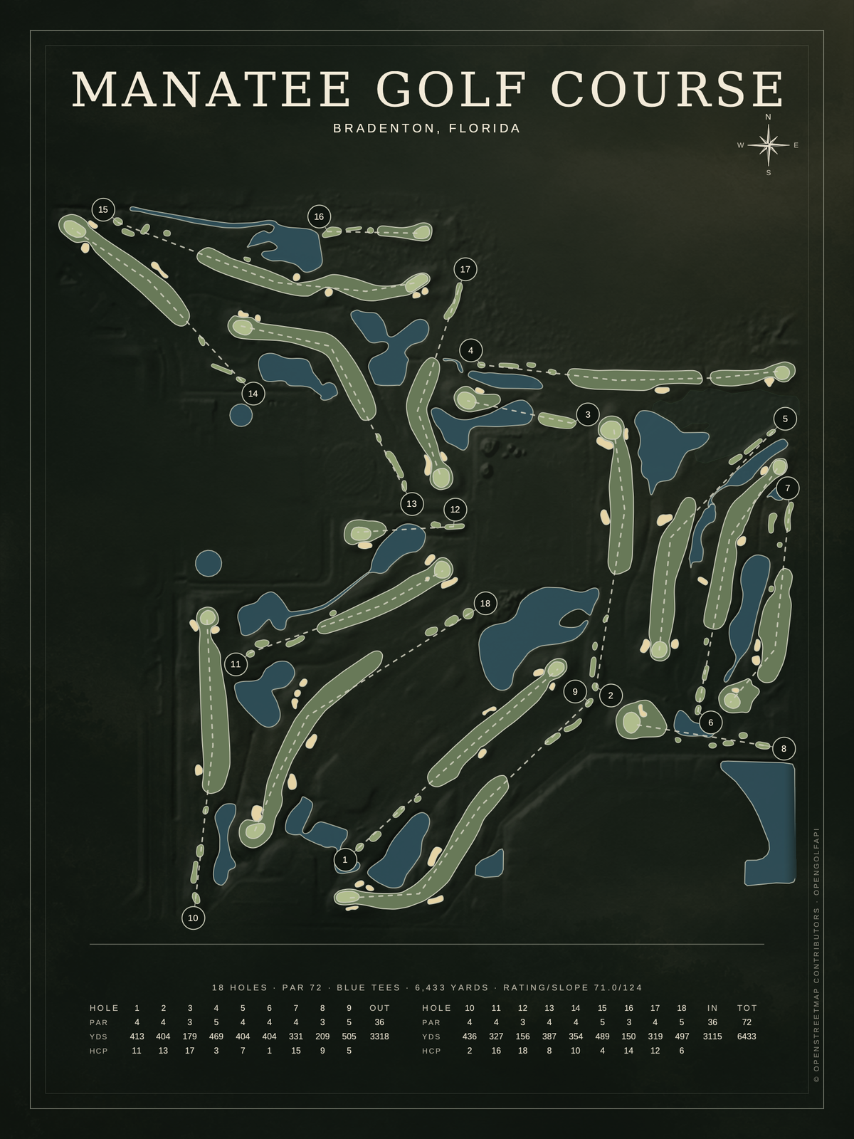 Manatee Golf Course map poster, Architectural style, 12×16 / 18×24