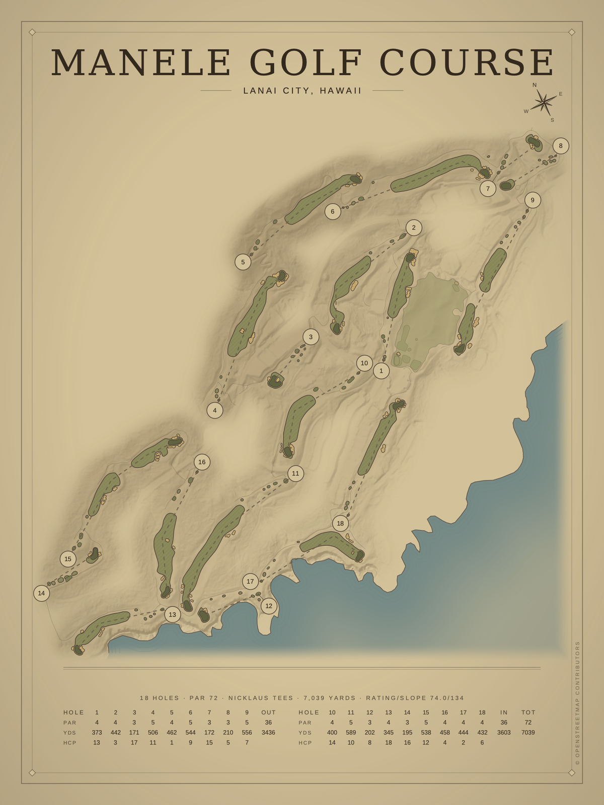Manele Golf Course map poster, Vintage style, 12×16 / 18×24