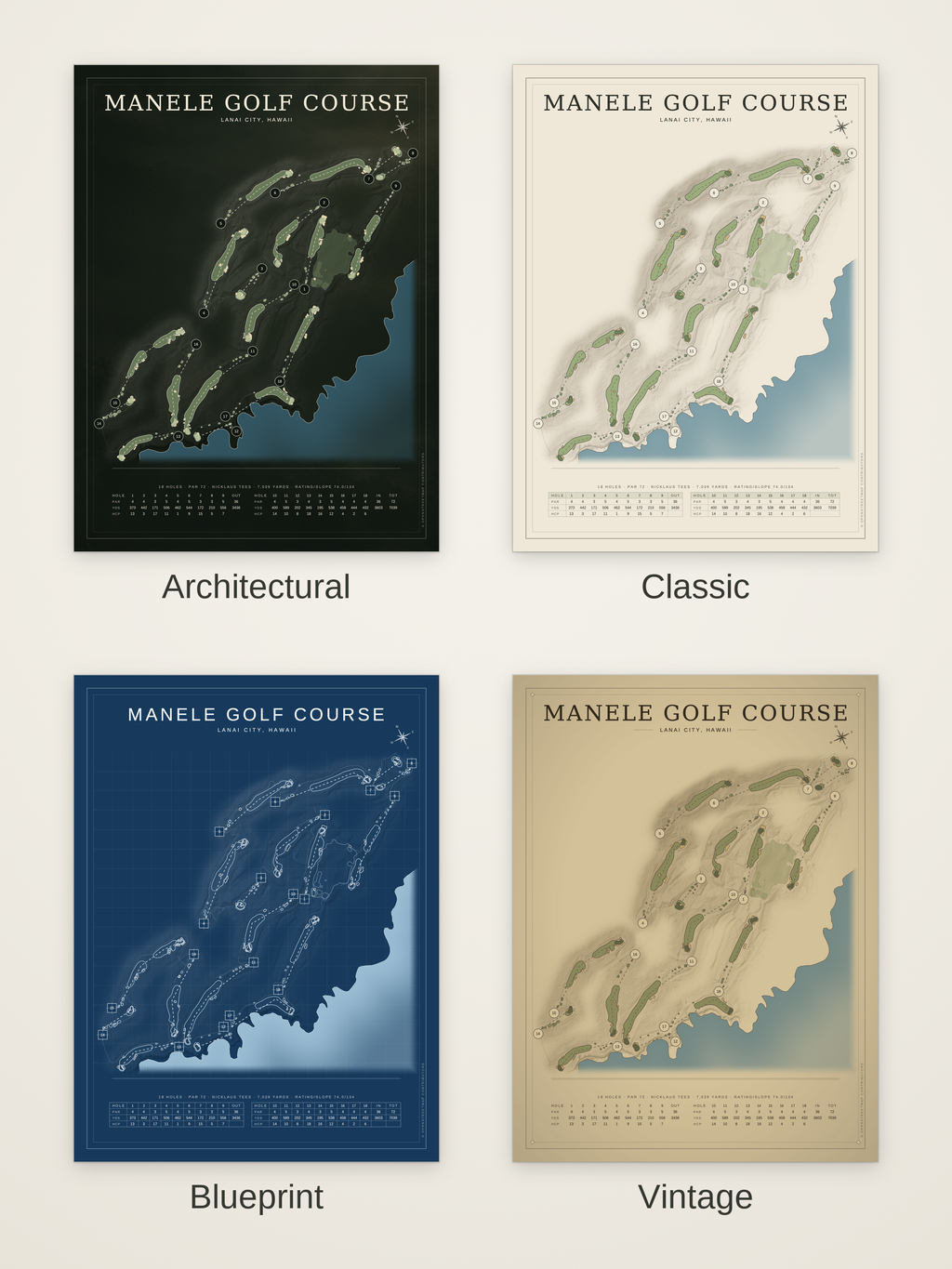 Manele Golf Course map poster in four styles: Architectural, Classic, Blueprint and Vintage
