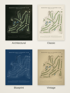 Manistee Golf & Country Club course map poster in four styles: Architectural, Classic, Blueprint and Vintage