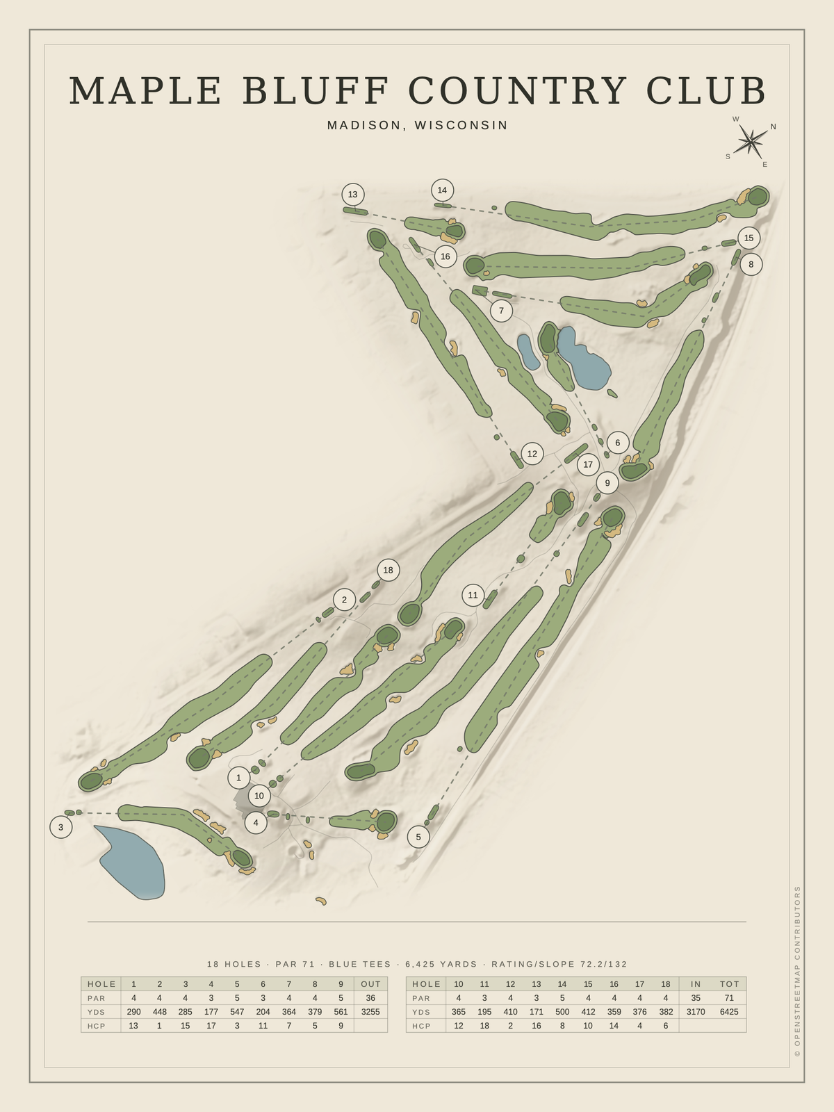 Maple Bluff Country Club course map poster, Classic style, 12×16 / 18×24