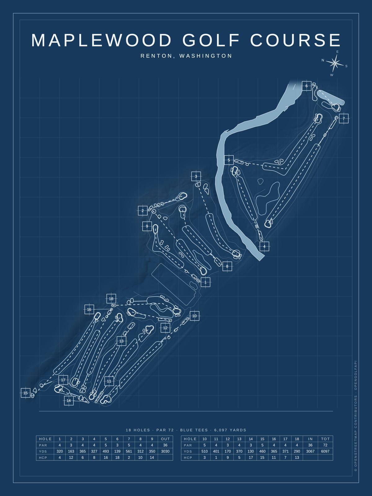Maplewood Golf Course map poster, Blueprint style, 12×16 / 18×24