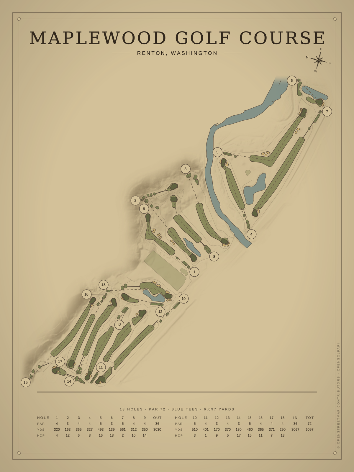 Maplewood Golf Course map poster, Vintage style, 12×16 / 18×24