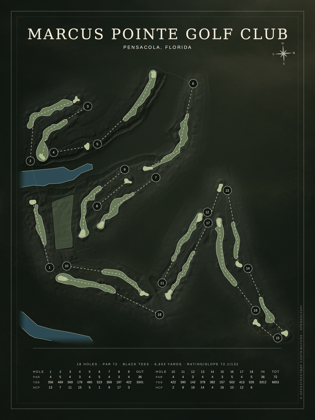 Marcus Pointe Golf Club course map poster, Architectural style, 12×16 / 18×24