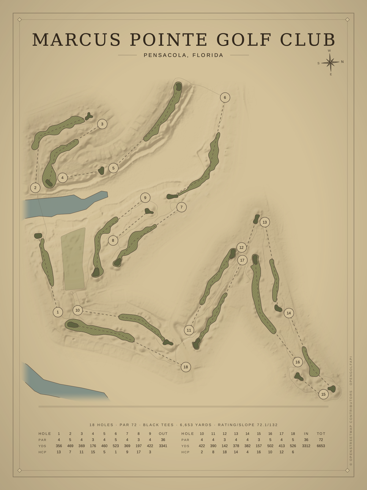 Marcus Pointe Golf Club course map poster, Vintage style, 12×16 / 18×24