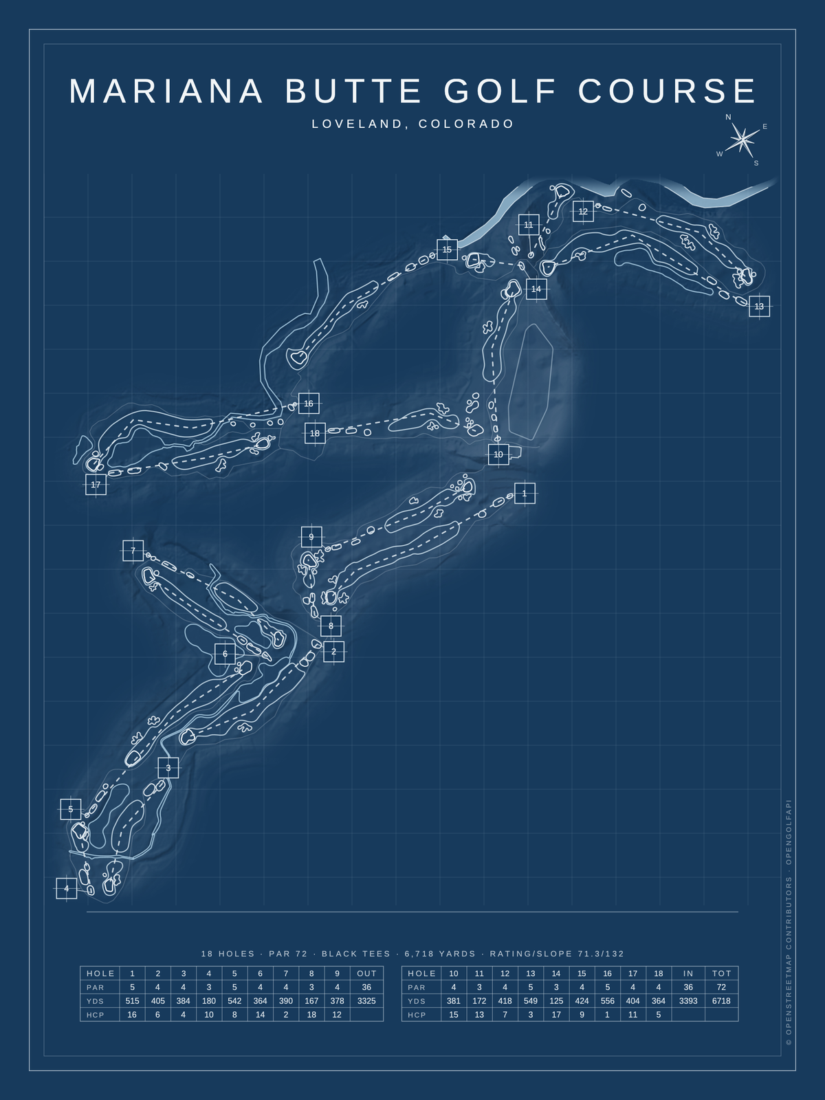 Mariana Butte Golf Course map poster, Blueprint style, 12×16 / 18×24