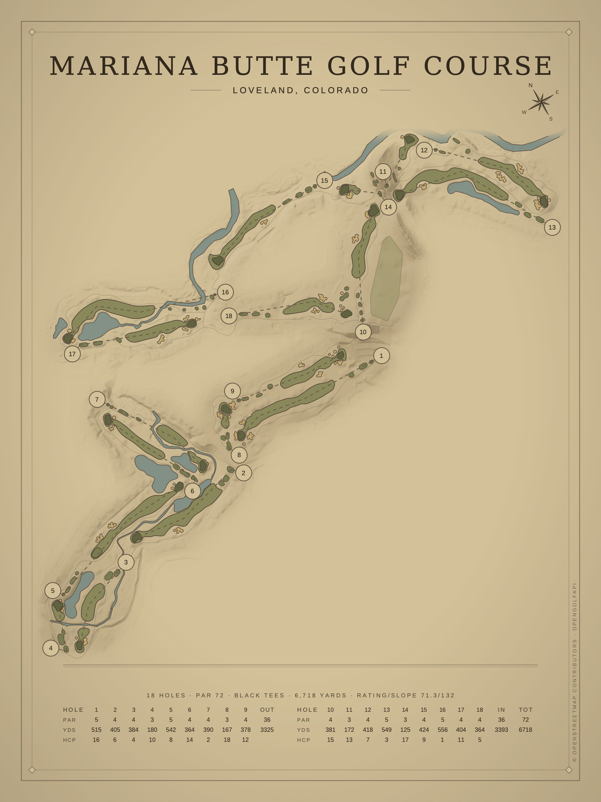 Mariana Butte Golf Course map poster, Vintage style, 12×16 / 18×24