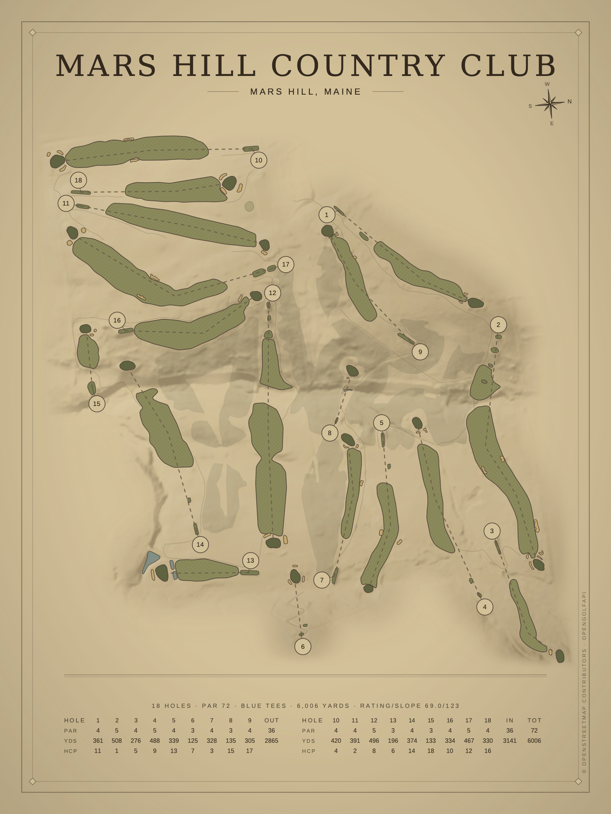 Mars Hill Country Club course map poster, Vintage style, 12×16 / 18×24