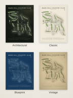 Mars Hill Country Club course map poster in four styles: Architectural, Classic, Blueprint and Vintage