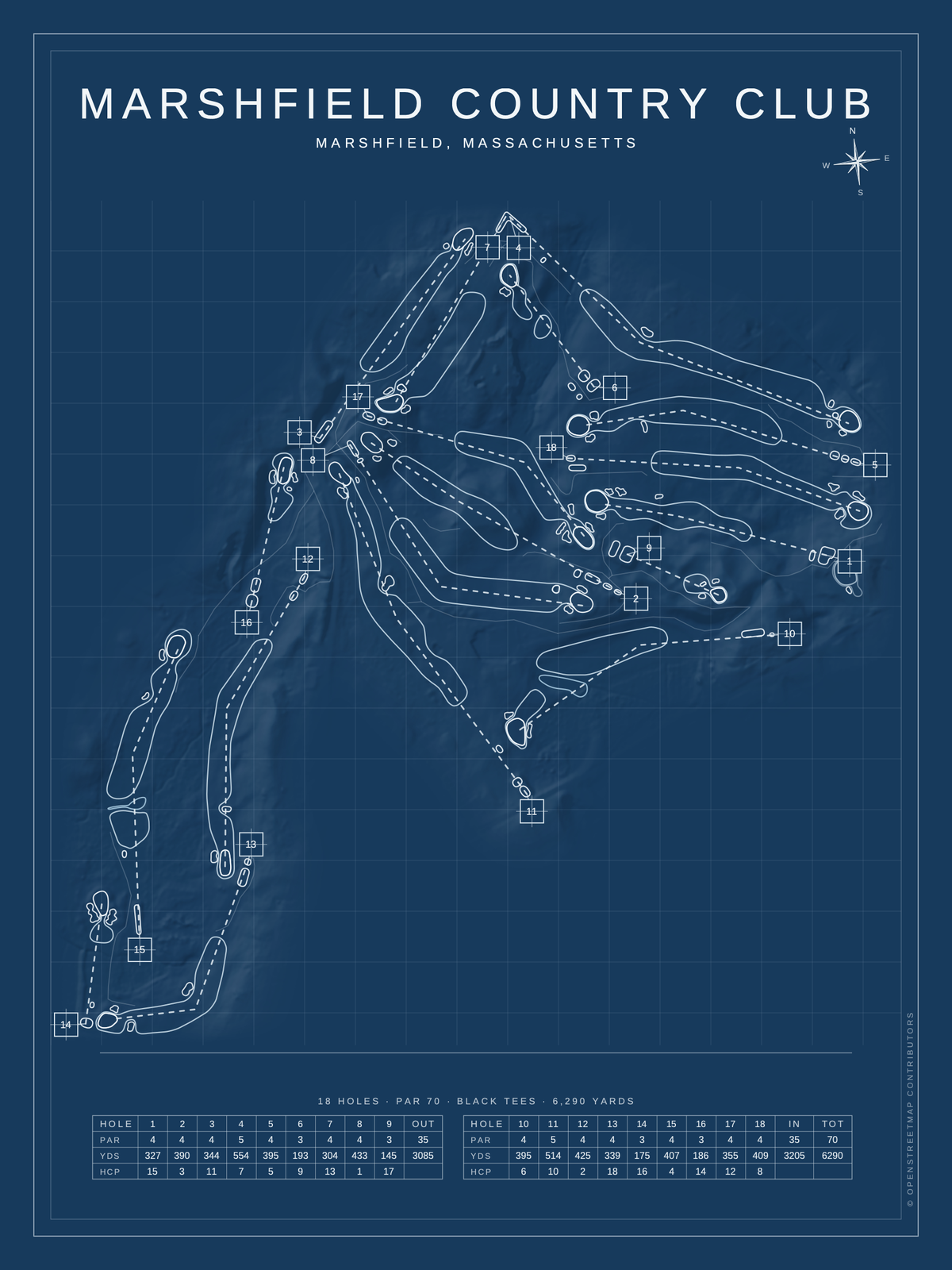 Marshfield Country Club course map poster, Blueprint style, 12×16 / 18×24