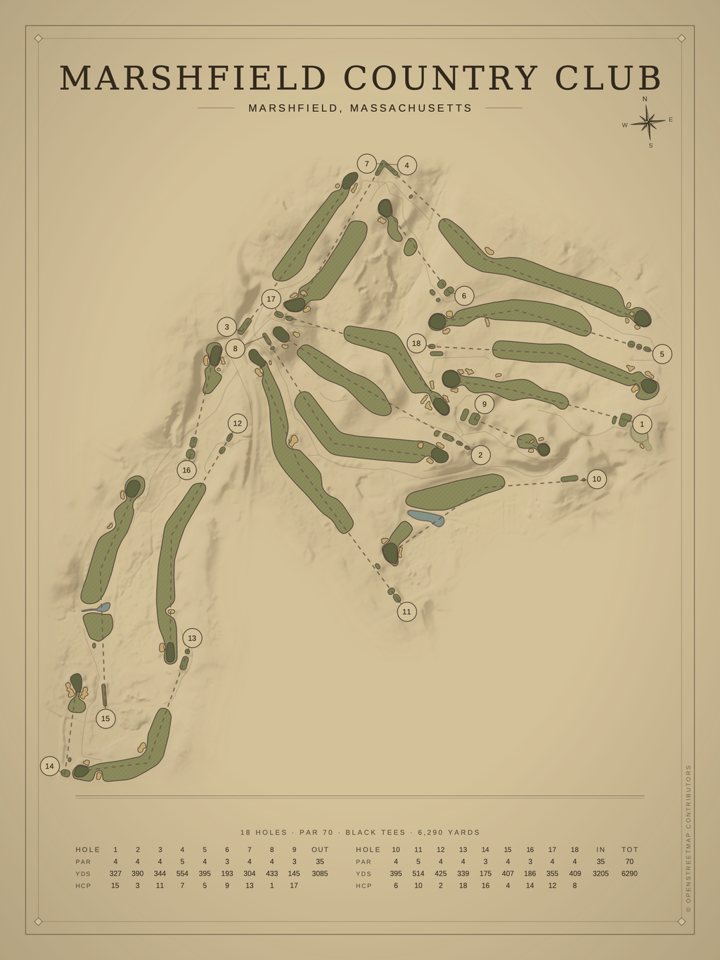 Marshfield Country Club course map poster, Vintage style, 12×16 / 18×24