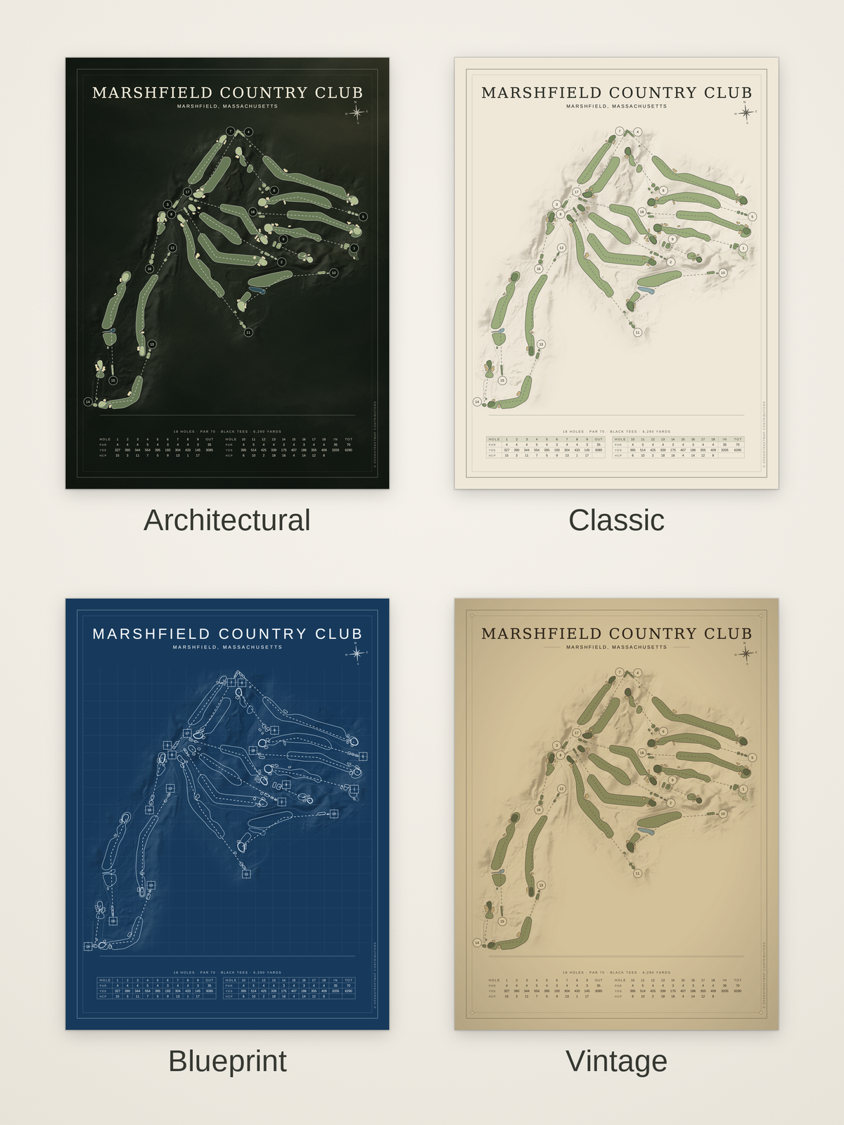 Marshfield Country Club course map poster in four styles: Architectural, Classic, Blueprint and Vintage