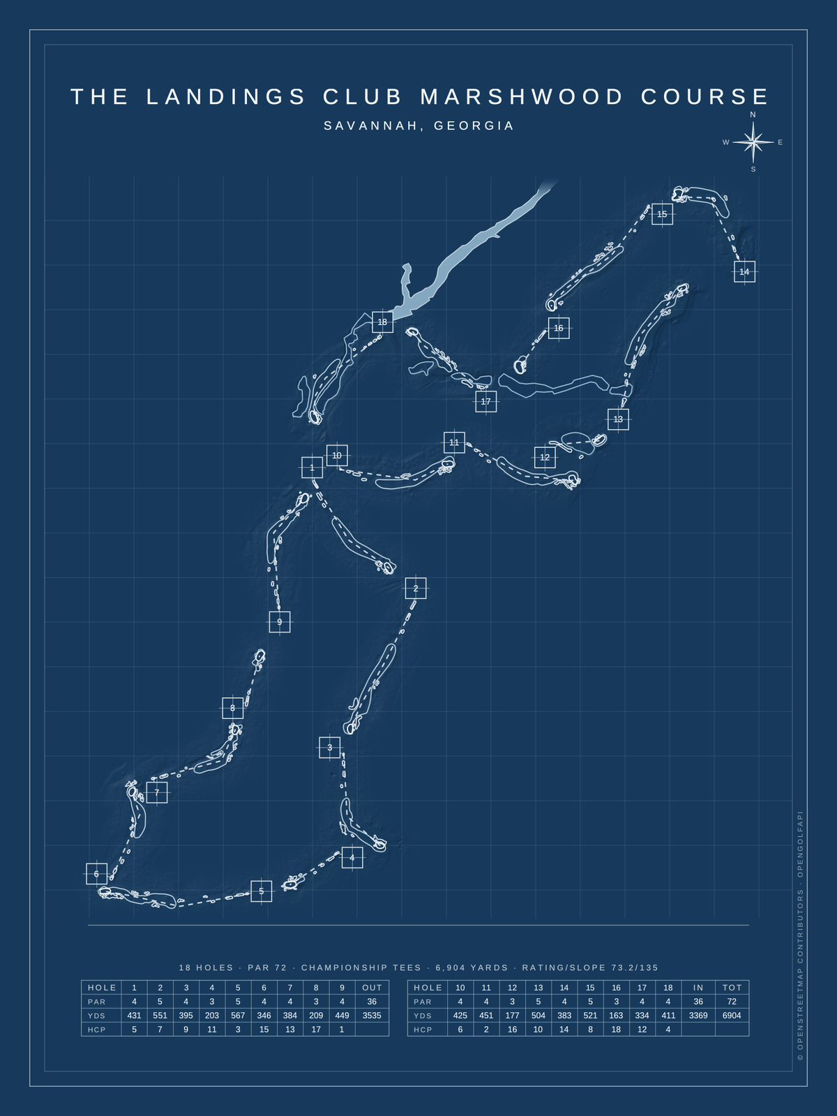 The Landings Club Marshwood Course map poster, Blueprint style, 12×16 / 18×24
