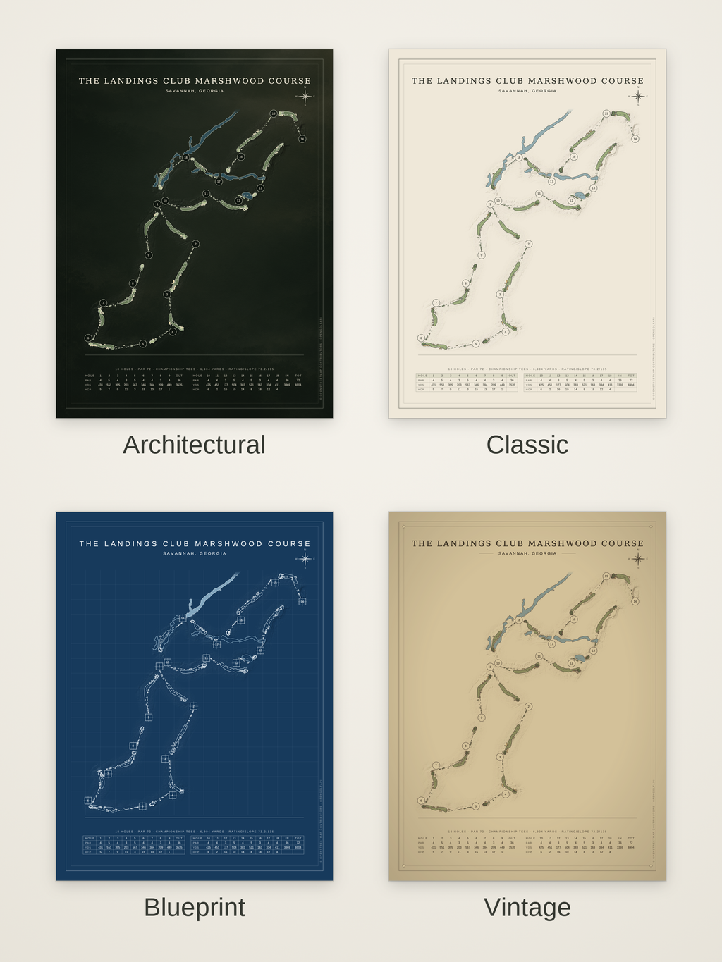 The Landings Club Marshwood Course map poster in four styles: Architectural, Classic, Blueprint and Vintage