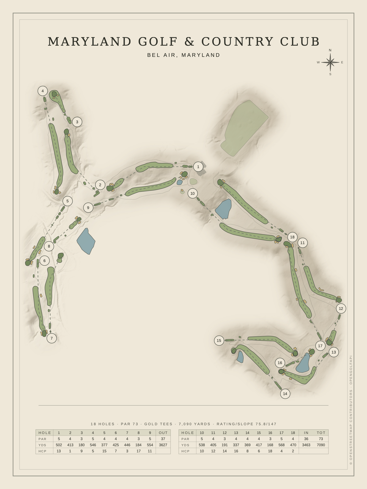 Maryland Golf & Country Club course map poster, Classic style, 12×16 / 18×24