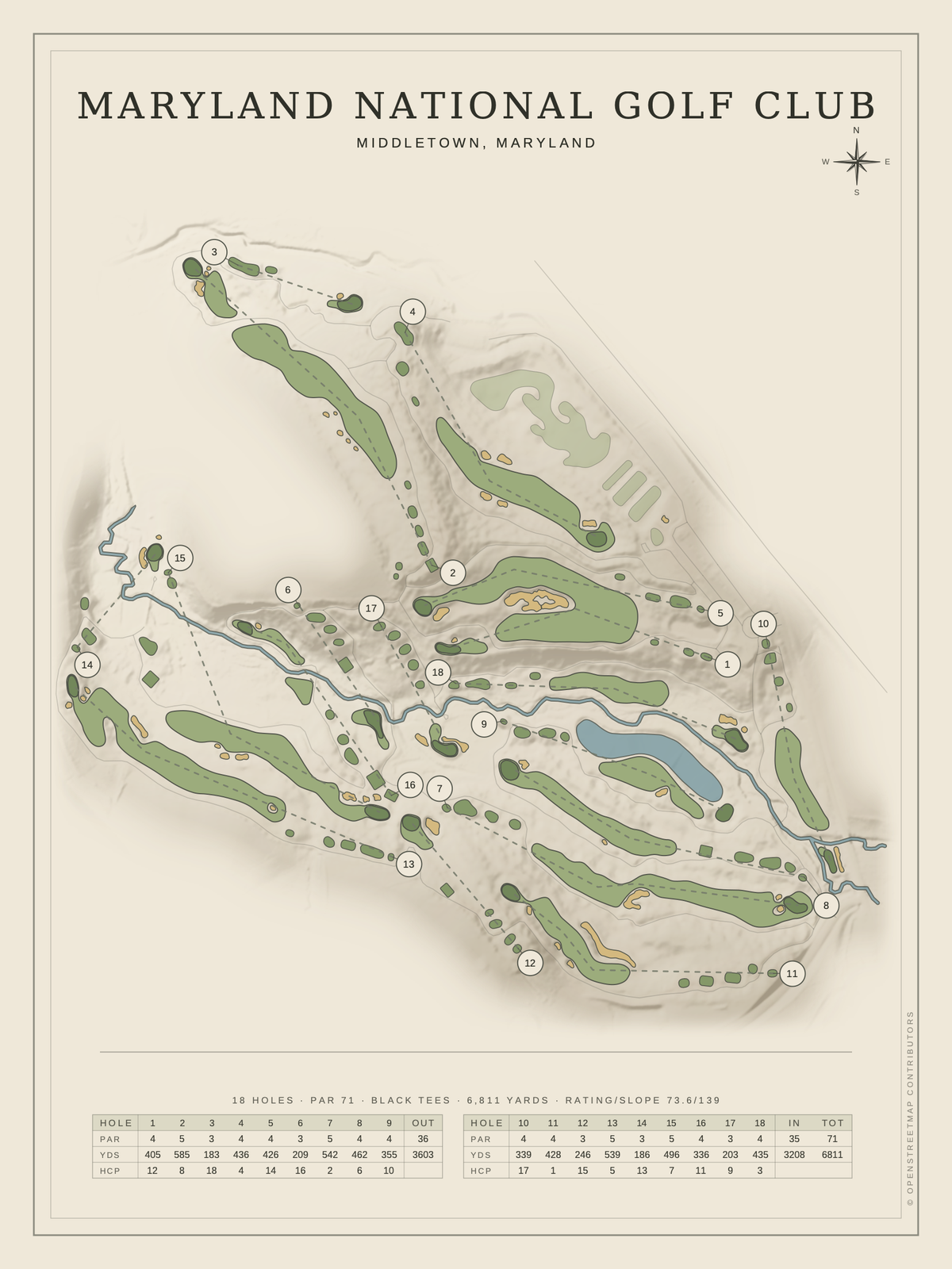 Maryland National Golf Club course map poster, Classic style, 12×16 / 18×24