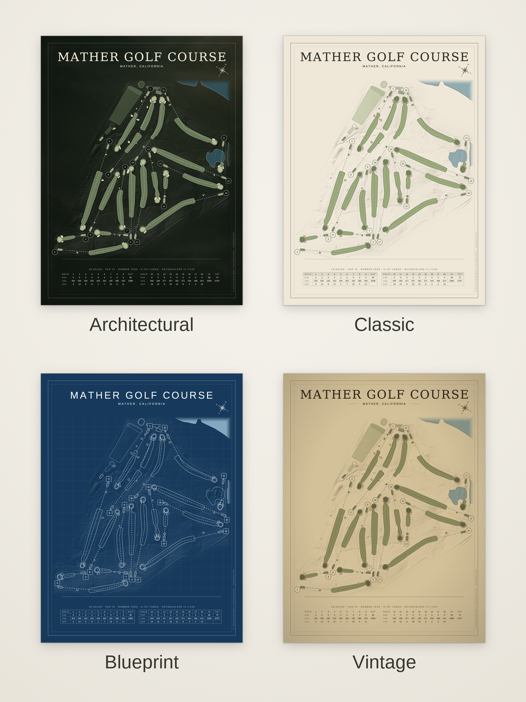 Mather Golf Course map poster in four styles: Architectural, Classic, Blueprint and Vintage