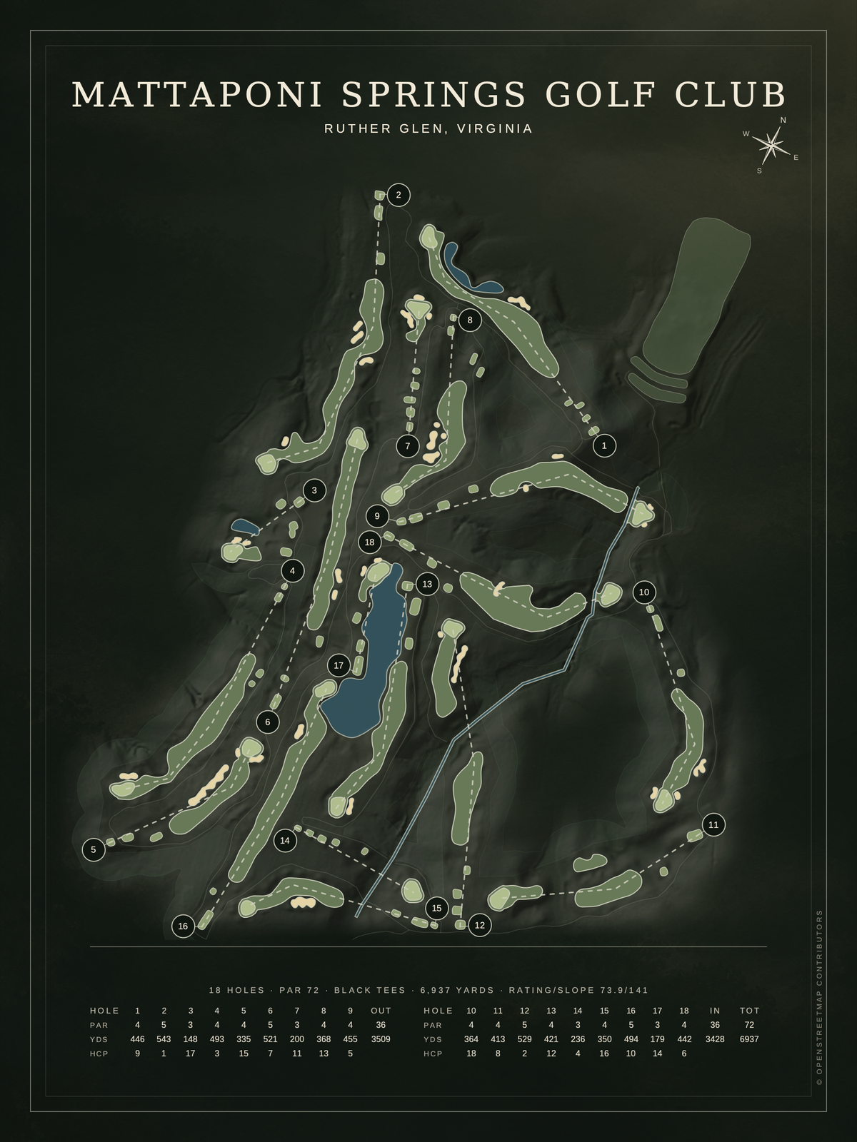 Mattaponi Springs Golf Club course map poster, Architectural style, 12×16 / 18×24