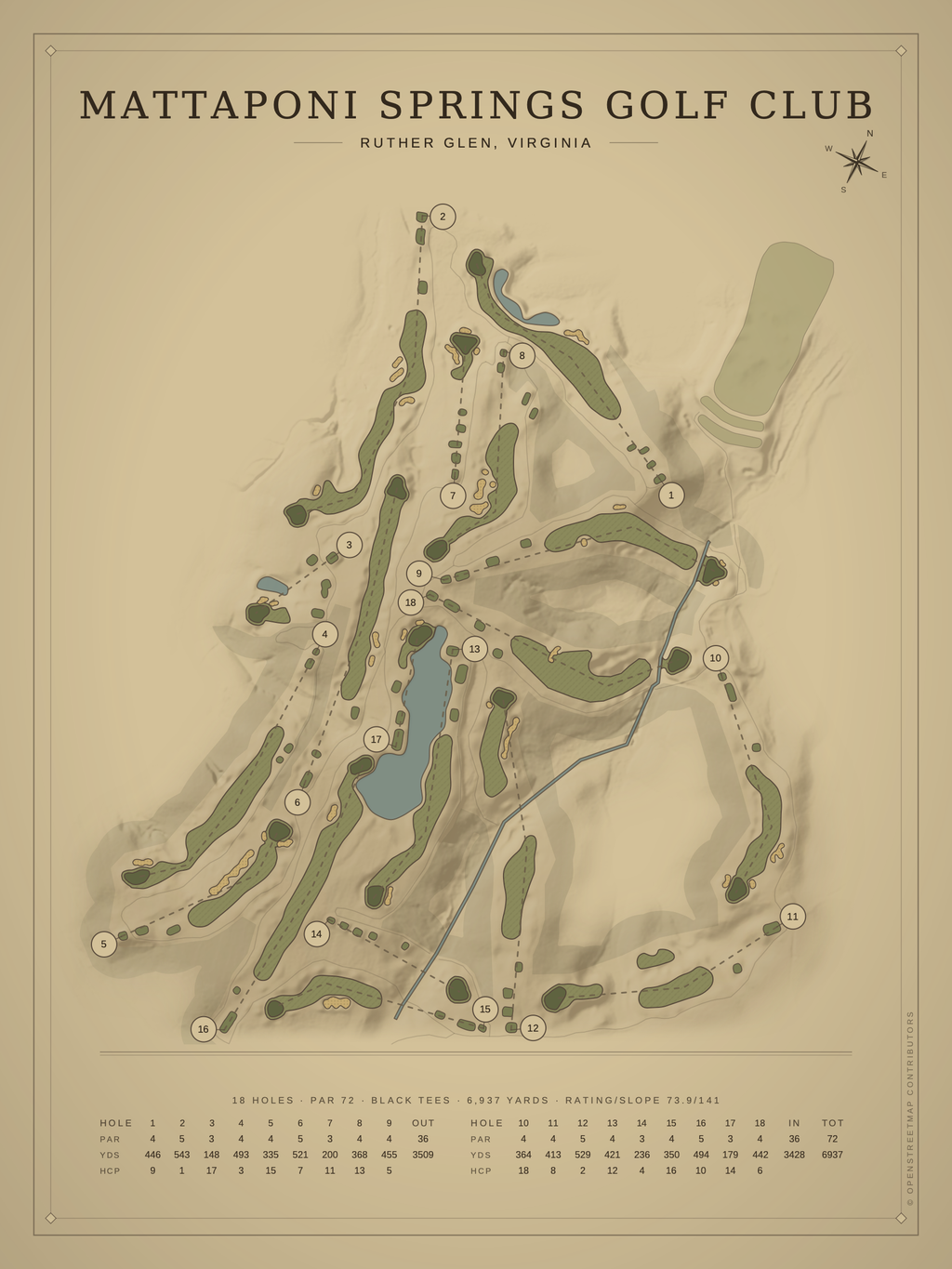 Mattaponi Springs Golf Club course map poster, Vintage style, 12×16 / 18×24