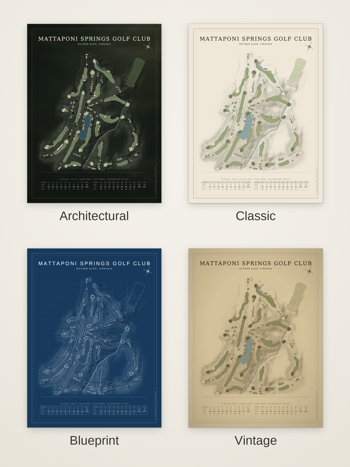 Mattaponi Springs Golf Club course map poster in four styles: Architectural, Classic, Blueprint and Vintage