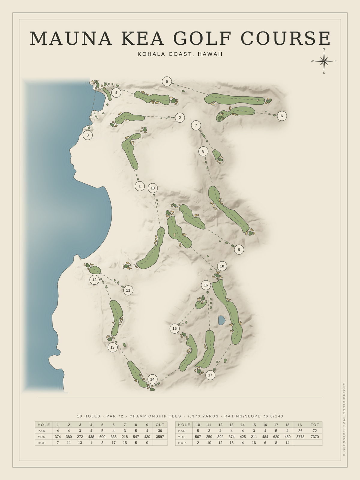 Mauna Kea Golf Course map poster, Classic style, 12×16 / 18×24