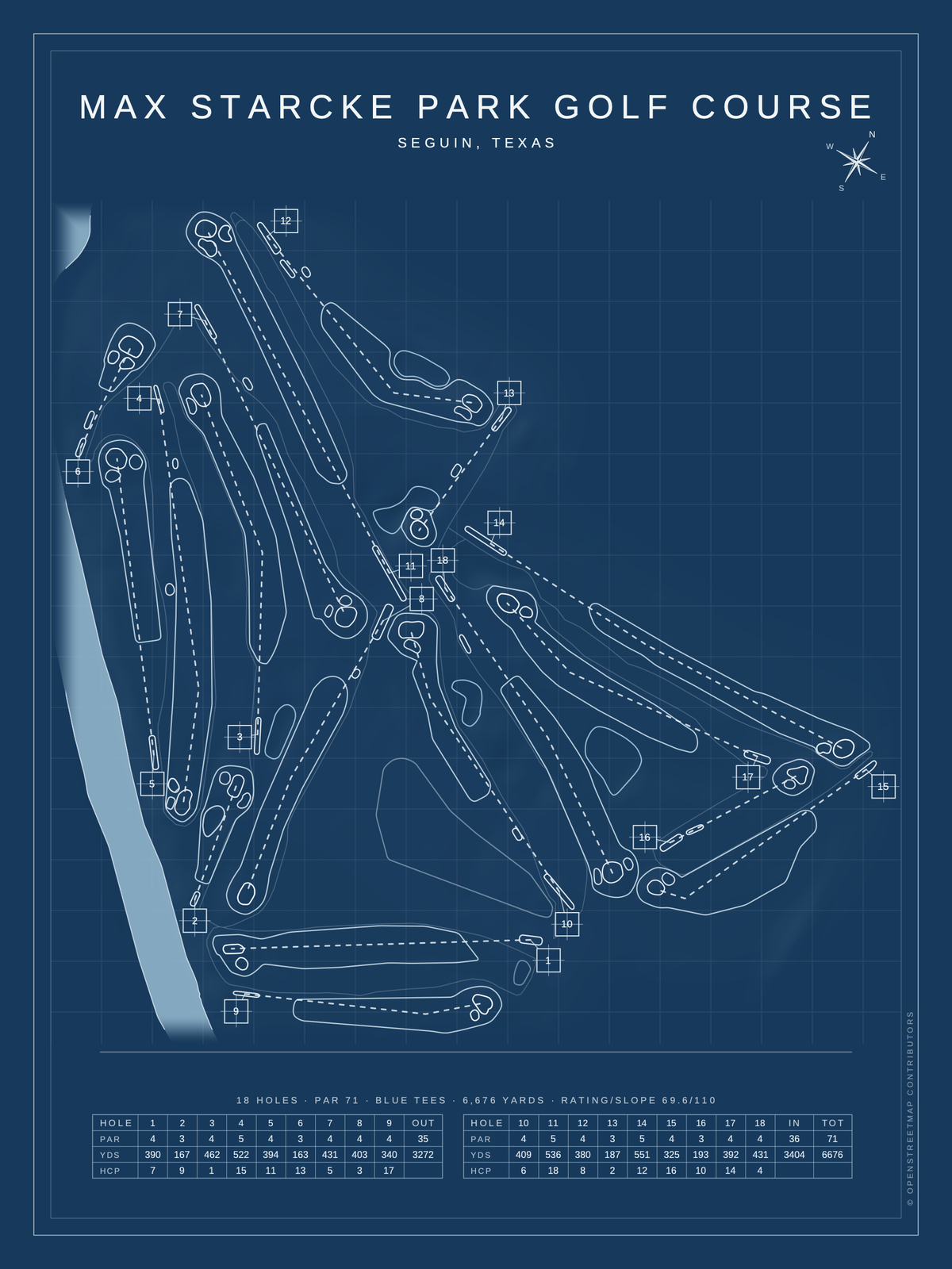 Max Starcke Park Golf Course map poster, Blueprint style, 12×16 / 18×24