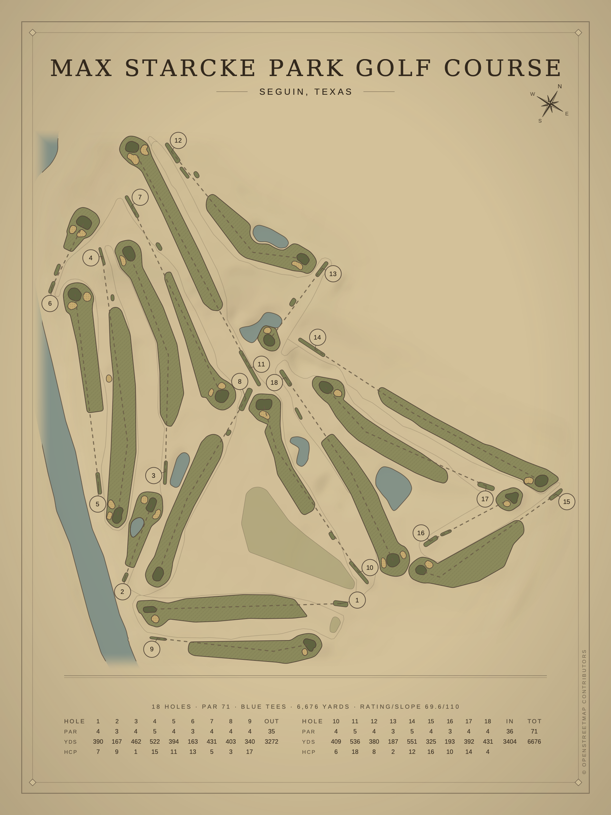 Max Starcke Park Golf Course map poster, Vintage style, 12×16 / 18×24