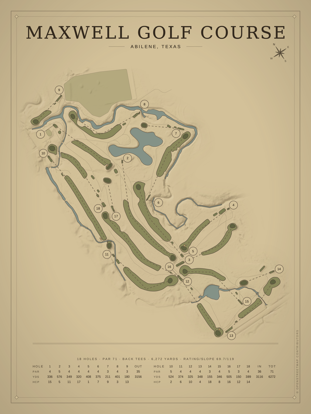 Maxwell Golf Course map poster, Vintage style, 12×16 / 18×24