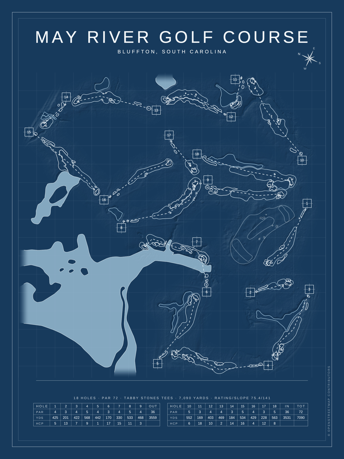 May River Golf Course map poster, Blueprint style, 12×16 / 18×24
