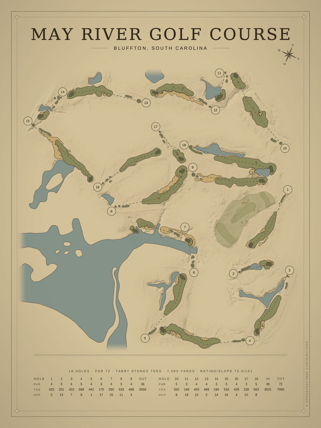 May River Golf Course map poster, Vintage style, 12×16 / 18×24