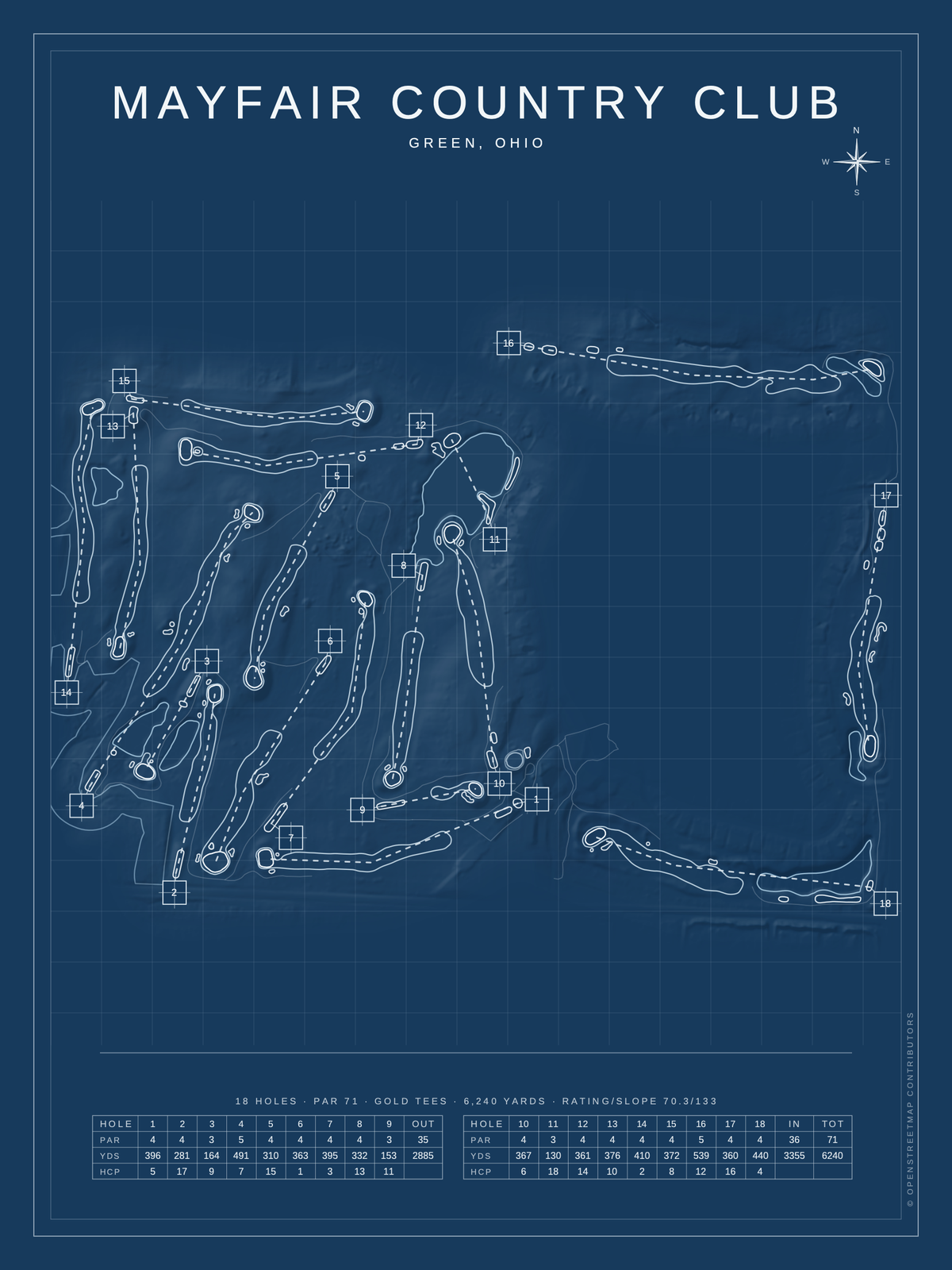 Mayfair Country Club course map poster, Blueprint style, 12×16 / 18×24