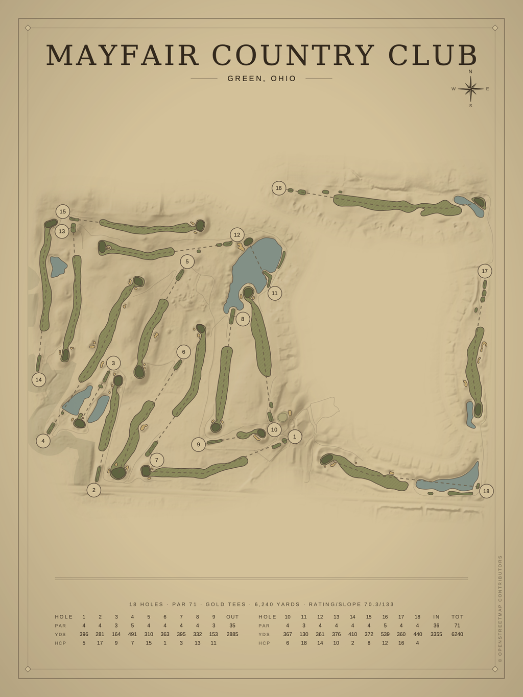 Mayfair Country Club course map poster, Vintage style, 12×16 / 18×24